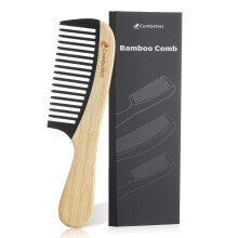 Bamboo Wide Tooth Hair Comb with Handle, AntiStatic EcoFriendly Detangling Comb for Curly and Thick Hair