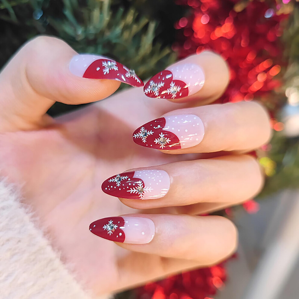 Red Christmas Press On Nails Wine Almond Shape With Snowflake And Rhinestone Design Reusable Set 24Pcs