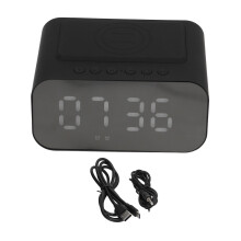 Trådlös laddningsväckarklocka med megabas och FM-radio, HD LED-tidsvisning, justerbar ljusstyrka, Bluetooth-läge, minneskort, AUX-ingång,