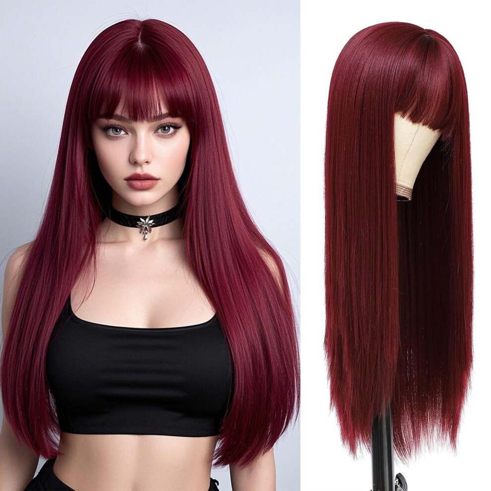 Unisex Red Wine Human Hair Wig With Bangs, Long Laye Style For Women, Natural And Tangleresistant