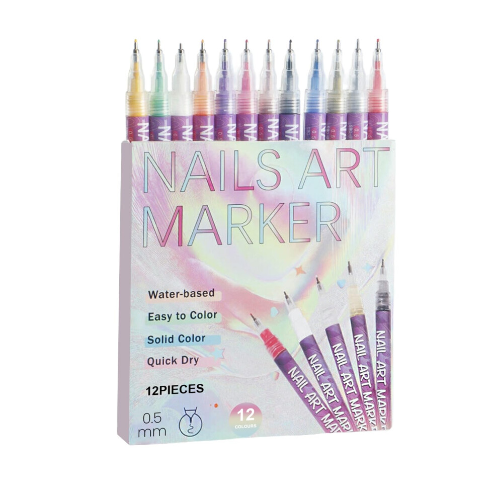 Nail Art Pens Set 12 Colors Fine Tip Precision Waterproof Quick Drying Markers for DIY Manicure