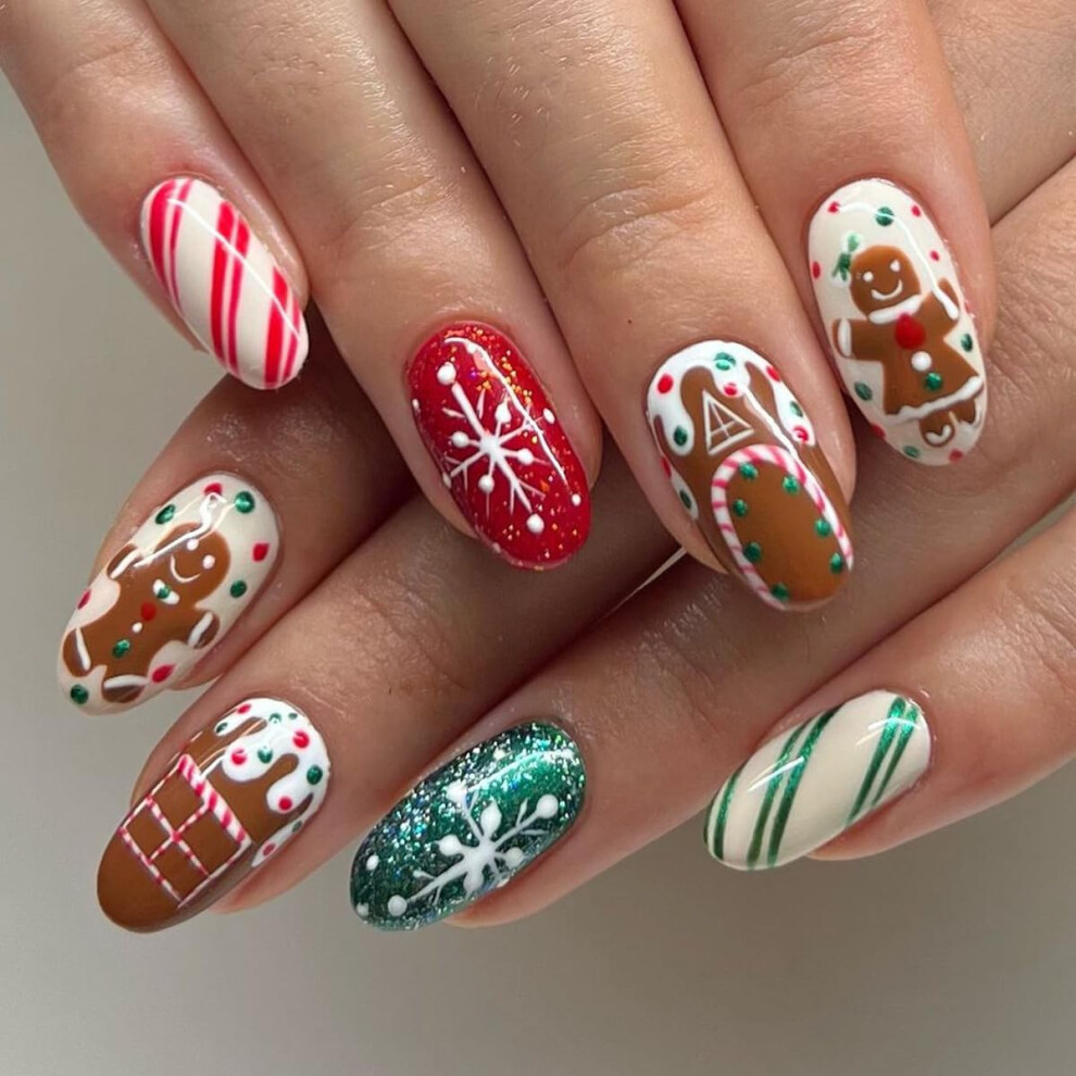 Green,Red Christmas Press On Nails Medium Almond Red And Green With Snowman And Snowflake Designs 24Pcs