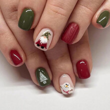 Christmas Press On Nails Short Square Green Red Set with Gnome and Snowman Designs, Festive Holiday Fake Nails 24Pcs