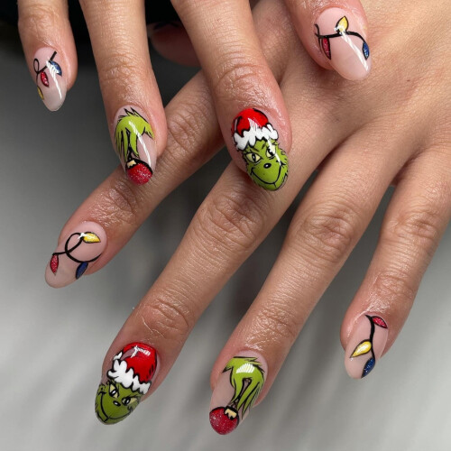 Uñas Postizas de Navidad Cortas en Forma de Almendra con Diseños de Monstruo Verde