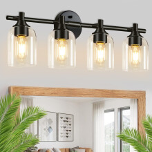 4 Light Black Bathroom Vanity Light Fixture with Clear Glass Shades, Rustproof E26 Dimmable Wall Sconce for Bathroom or Bedroom