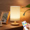 Wooden Bedside Lamp with Linen Shade, USB LED Warm Light 1