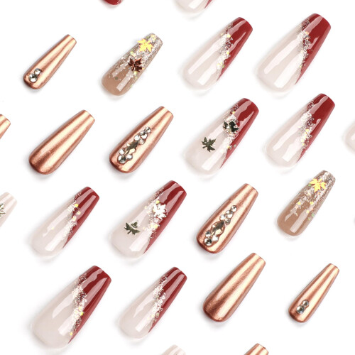 Fall Brown Maple Leaf Press On Nails Long Coffin Acrylic False Nails with Glue Thanksgiving Glossy Design 2