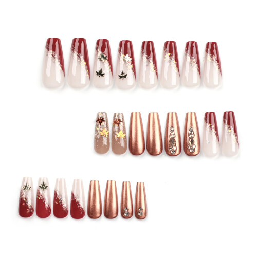 Fall Brown Maple Leaf Press On Nails Long Coffin Acrylic False Nails with Glue Thanksgiving Glossy Design 1