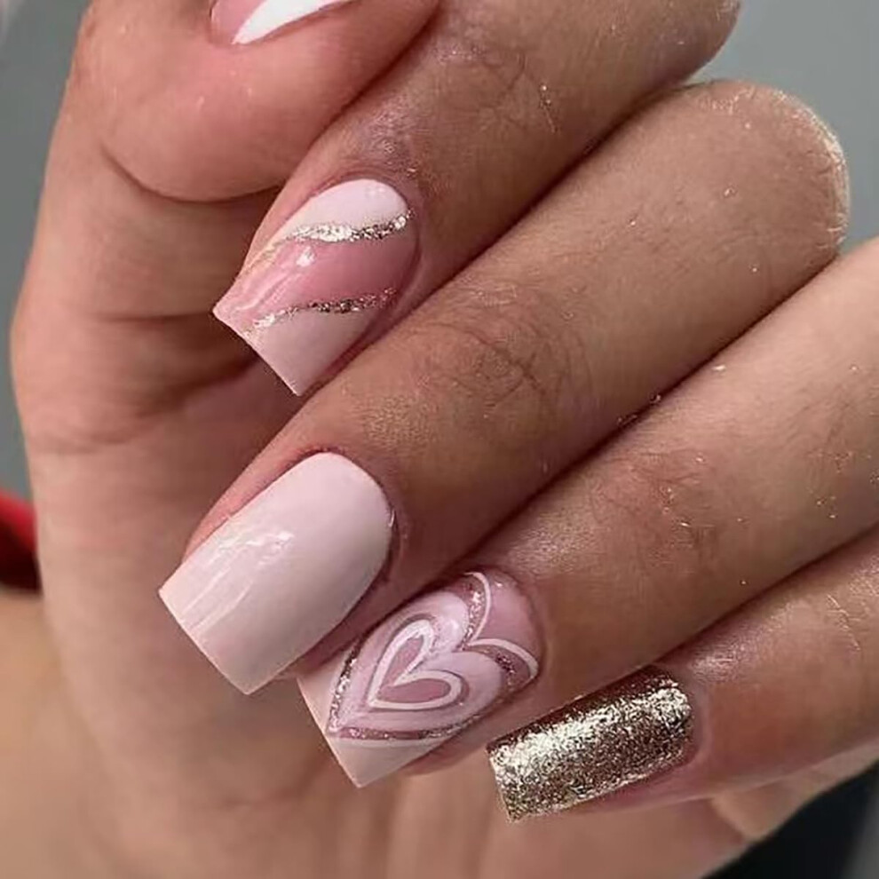 Pink Heart Press On Nails with Gold Sequins, Valentine's Day Square Fake Nails, Fast Salon Application, 24 PCS