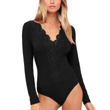 Body feminino elegante de renda com mangas compridas, decote em V profundo, modelagem justa, forro duplo, respirável, com controle abdominal, estilo