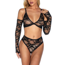 Long Sleeve Sheer Blouse with Lingerie Set, Three Piece Lace Underwear Featuring See Through Lace Panties and V Neck, Sexy Lingerie Set Matching Bra