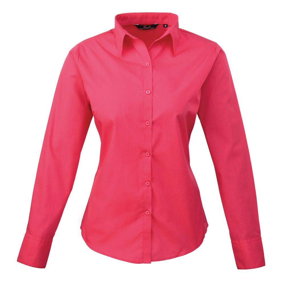(12, Hot Pink) Premier Womens/Ladies Poplin Long-Sleeved Blouse