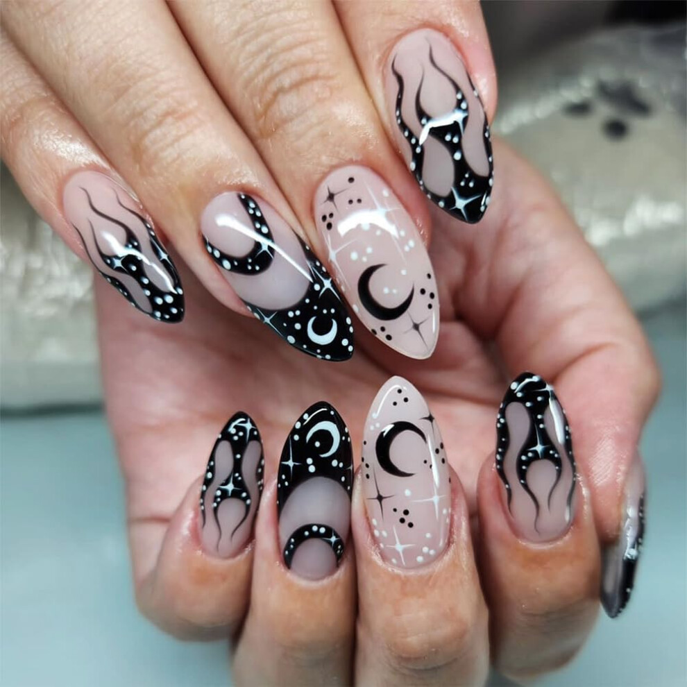 Black Almond Short French Tip Press on Nails with Flame Moon Design, 24Pcs Gel Acrylic Set
