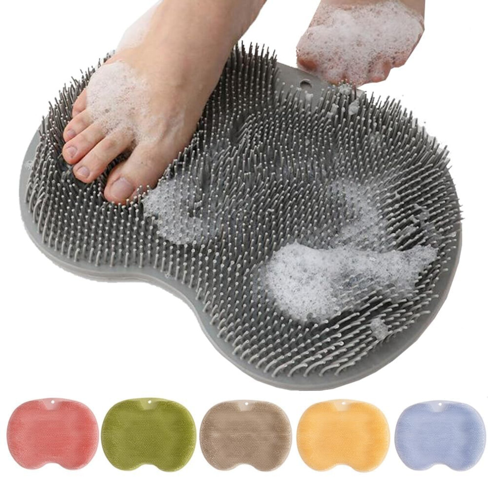 Grey Shower Foot Scrubber Mat With Strong Suction, Hands Foot And Back Cleaning Brush,