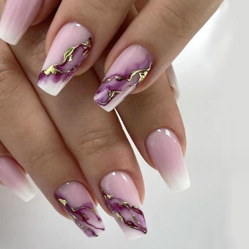 Pink Marble Coffin Press On Nails Acrylic False Nail Set With Glue 24Pcs Long Lasting Reusable