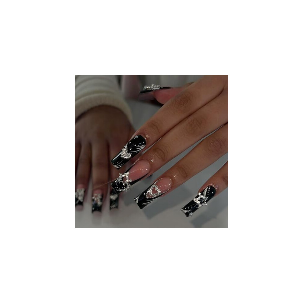 Valentine Press On Nails Long Coffin Black Glitter Heart Design Fake Nails with Glue 24pcs