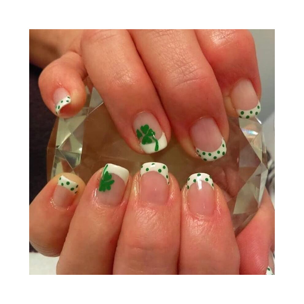 St Patricks Day Press on Nails Short Square French Tip Fake Nails with Festive Clover Design for Women