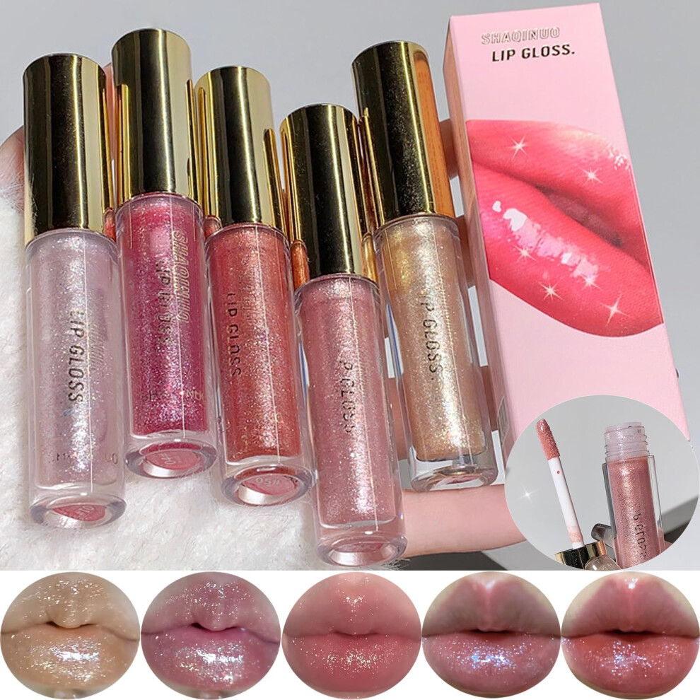 Lip Gloss Set with 5 Colors Shimmery Glitter, Hydrating Plumping Liquid Lipstick  Shine Finish