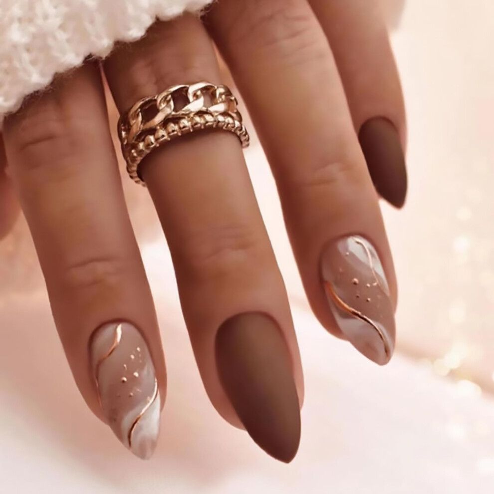 Brown Matte Almond Press on Nails with Gold Line Accent, Reusable Medium Length Fake Nails 24PCS
