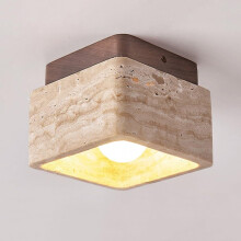 Square Wooden Ceiling Light with Travertine Shade, Modern Semi Flush Mount Fixture, Walnut Finish