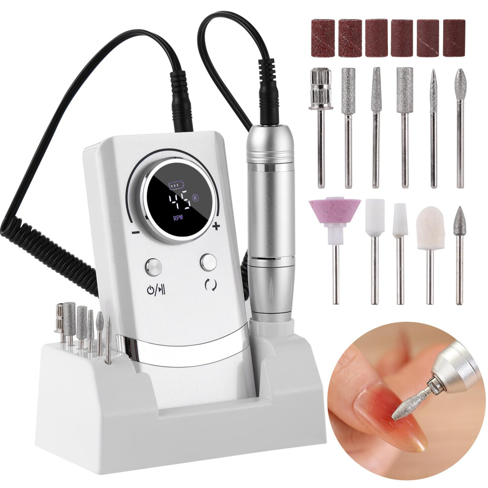 Electric Nail Drill 45000 RPM Rechargeable with LCD Display for Gel Manicure and Pedicure White