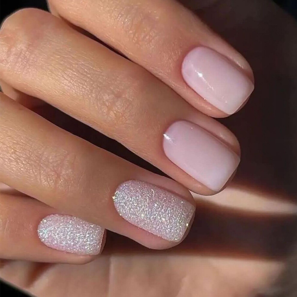 White Short Glitter Press On Nails Set With Glue, Reusable Glossy Acrylic False Nails 24Pcs