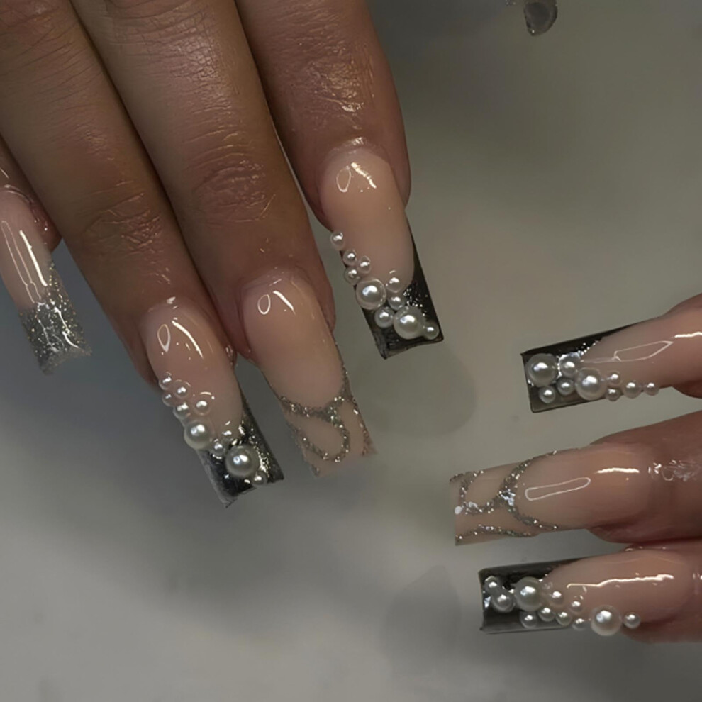 Silver Long Coffin Press On Nails Fake Nail Tips For Women 24Pcs Instant Salon Look