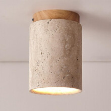 Ceiling Light Fixture Semi Flush Mount with Travertine Glow and Wabi Sabi Design Wood Finish