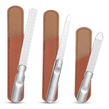 Stainless Steel Nail File Set 3pcs DoubleSided for Toenails and Fingernails with Leather Case