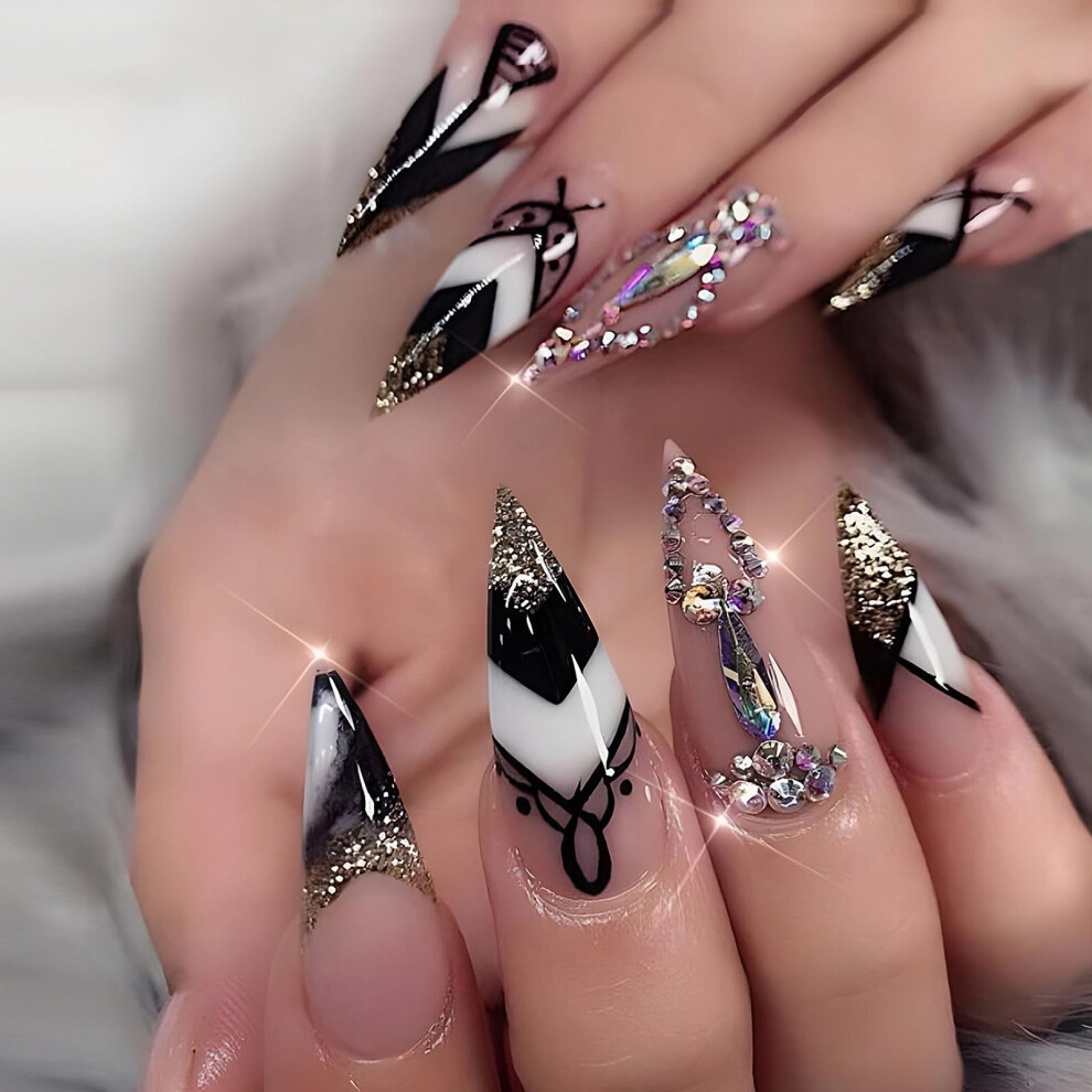 Long Stiletto Press On Nails Black Glitter with Rhinestone Luxury Acrylic Design 24pcs