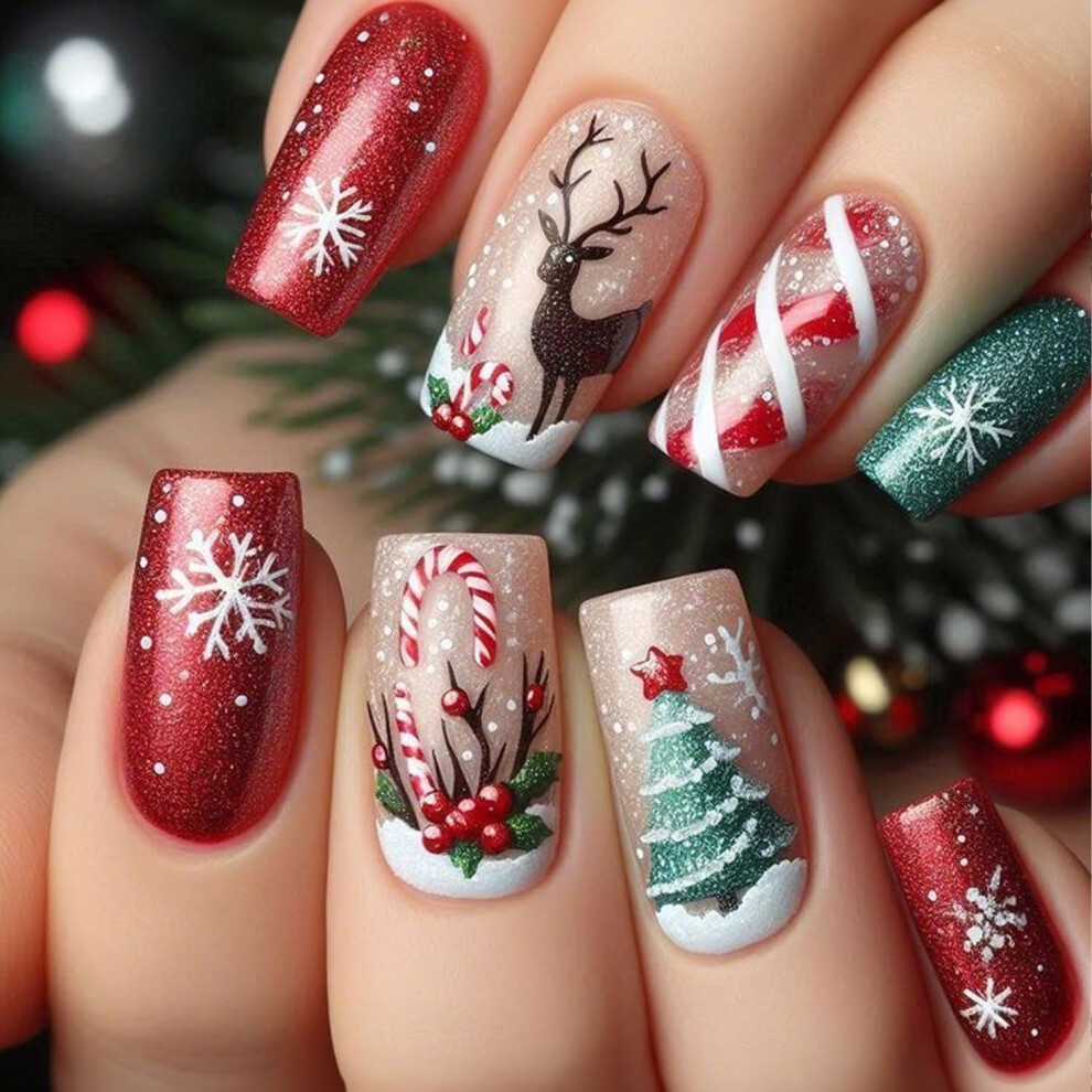 Christmas Press on Nails with Snowflake Reindeer and Tree Designs, Holiday Fake Nails for Women