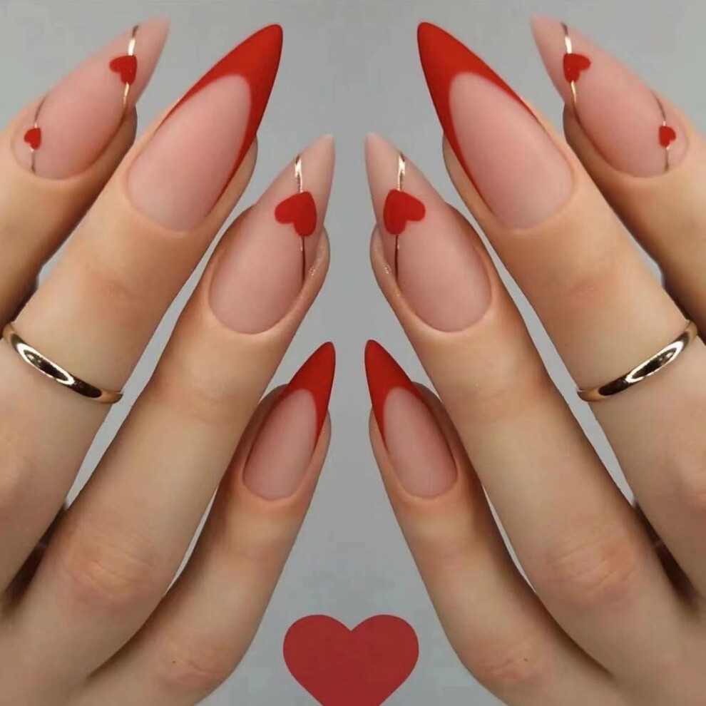 Valentine's Day Press On Nails Red French Tip Medium Almond Fake Nails with Romantic Heart Design 24pcs