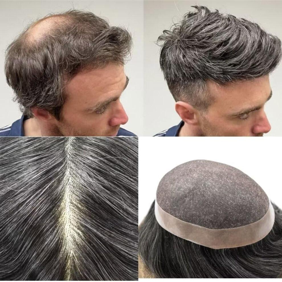 Unisex Black Men's Toupee Human Hair Hairpiece With Invisible Lace Front Mono Base Poly Skin Perimeter Off Gray 6X9 Inch