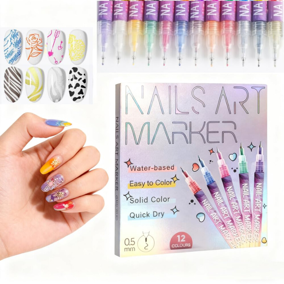 12 Colors Nail Art Pens Set with 0.5mm Precision Tip, Waterproof QuickDry Markers for DIY Manicure