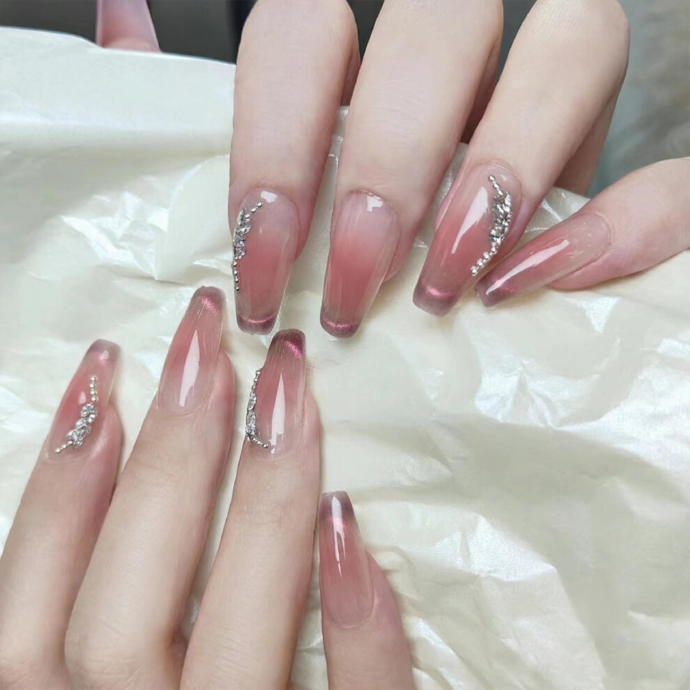 Pink Long Coffin Press On Nails Cat Eye French Tip Ombre With Rhinestones Salonstyle Finish 24Pcs