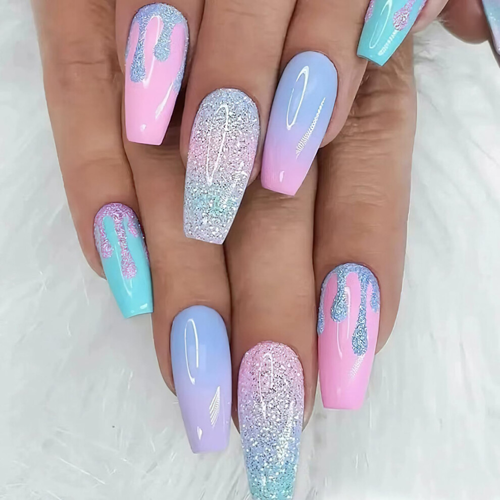 Blue,Pink Pink Blue Gradient Press On Nails Glitter Coffin Ballerina False Nails Medium Length 24Pcs