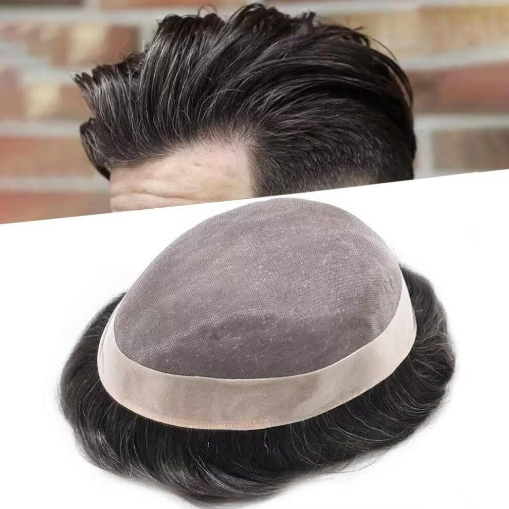 Unisex Brown Men's Toupee Human Hair Hairpiece Mono Base With Poly Perimeter Lace Front Natural Hairline 6X9 Medium Density Darkest 10% Gray