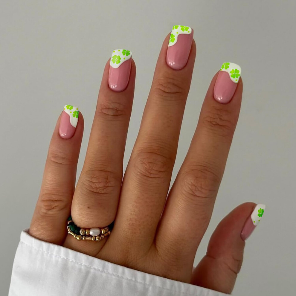 White St Patricks Day Press On Nails French Square Fake Nails With Clover Designs Reusable Set