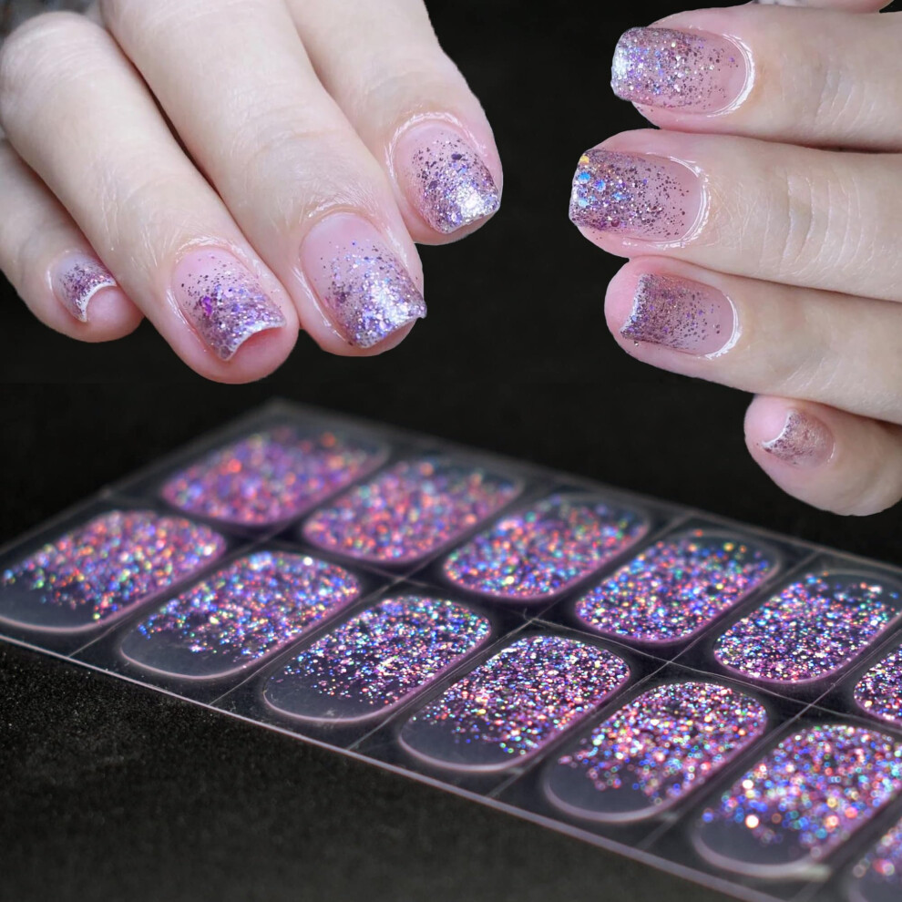 Purple Gel Nail Polish Strips French Glitter Self Adhesive Wraps Glossy Gel Finish Instant Manicure