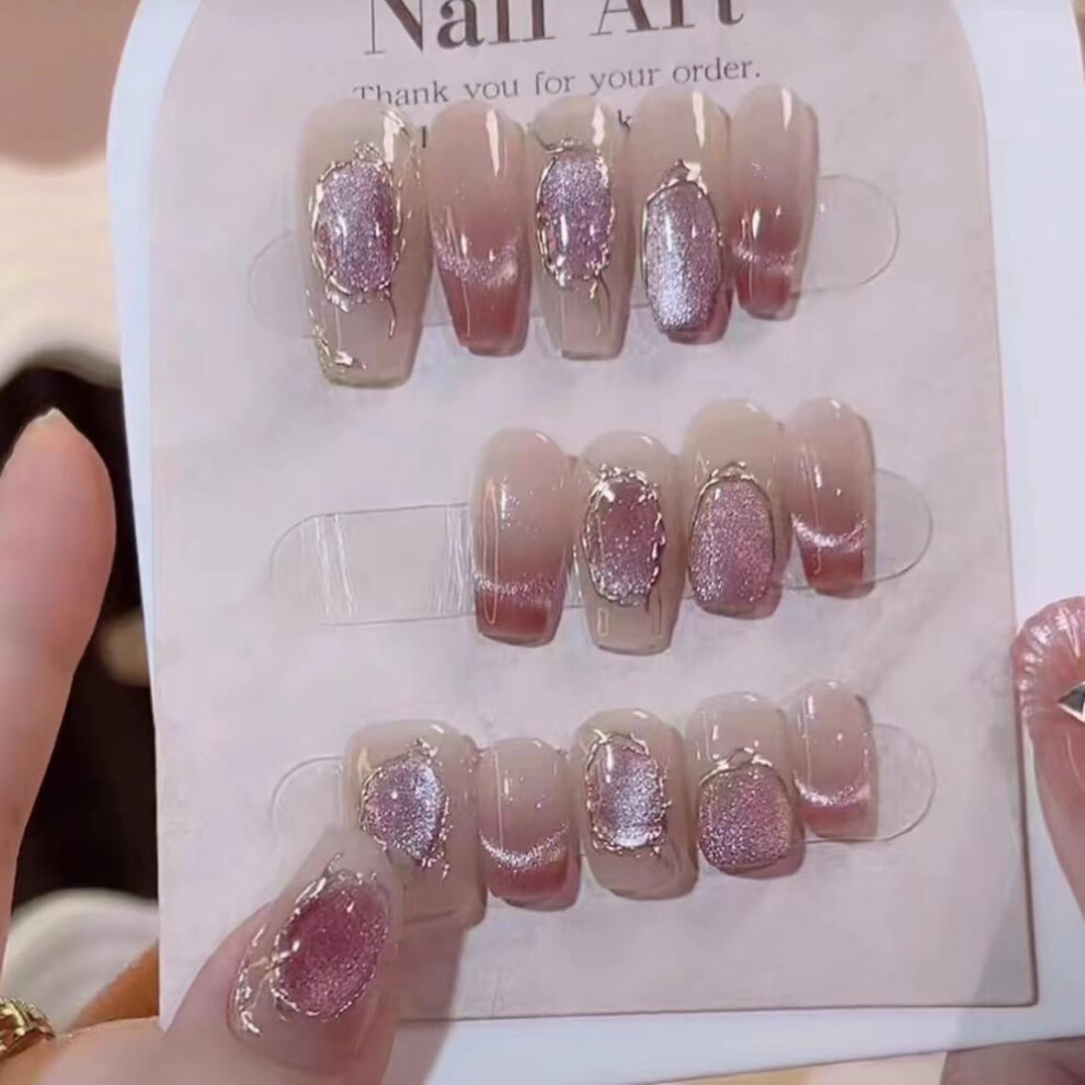 Pink Cat Eye Press On Nails with Magic Mirror Shine, Handmade Detachable Tips Medium Size L