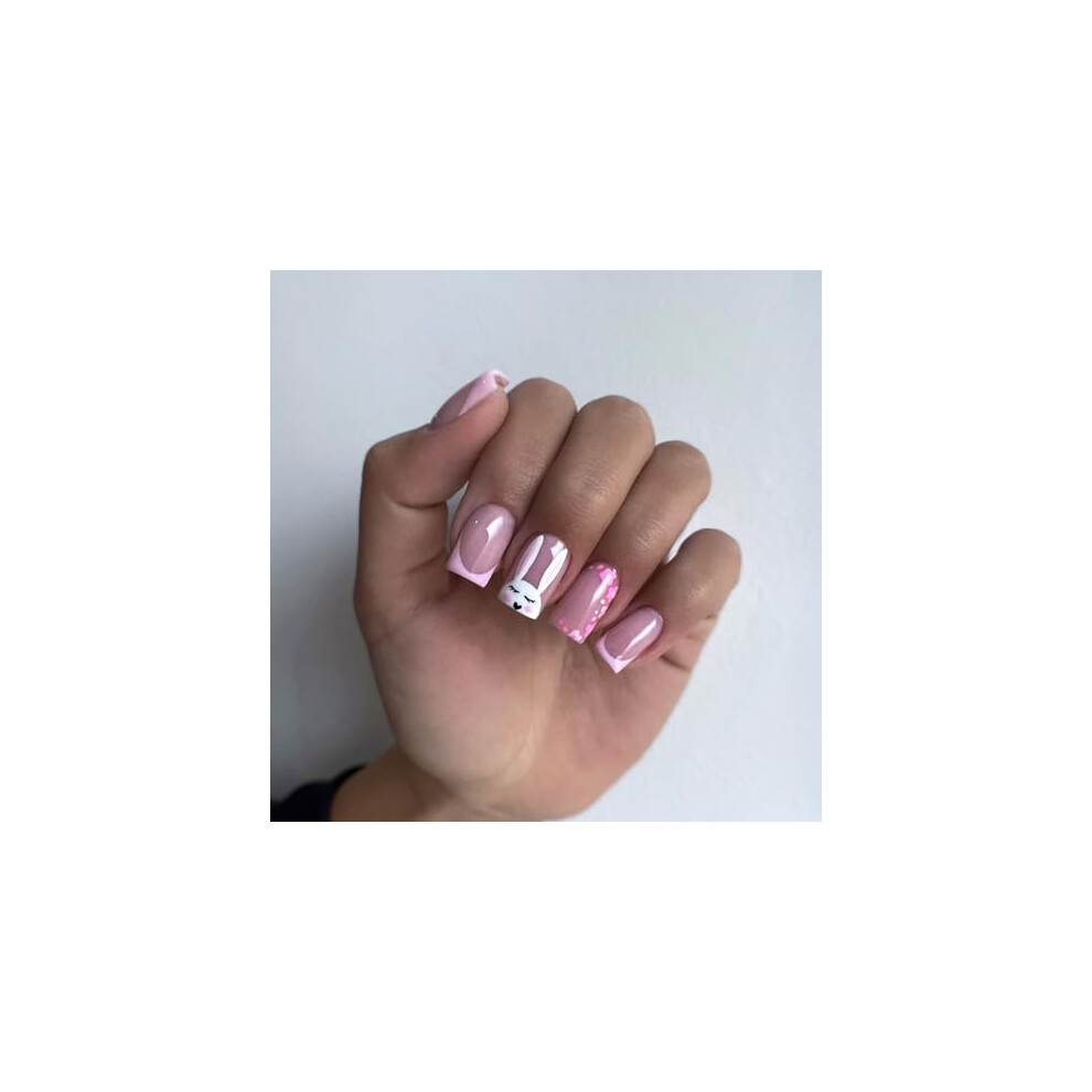 Pink Short Square Press On Nails Easter Design Glossy Fake Nails With Glue Tabs, 24Pcs Reusable