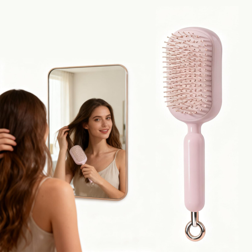 Retractable Hair Brush with OneTouch Hair Removal, Gentle Scalp Massage Comb for All Hair Types Pink