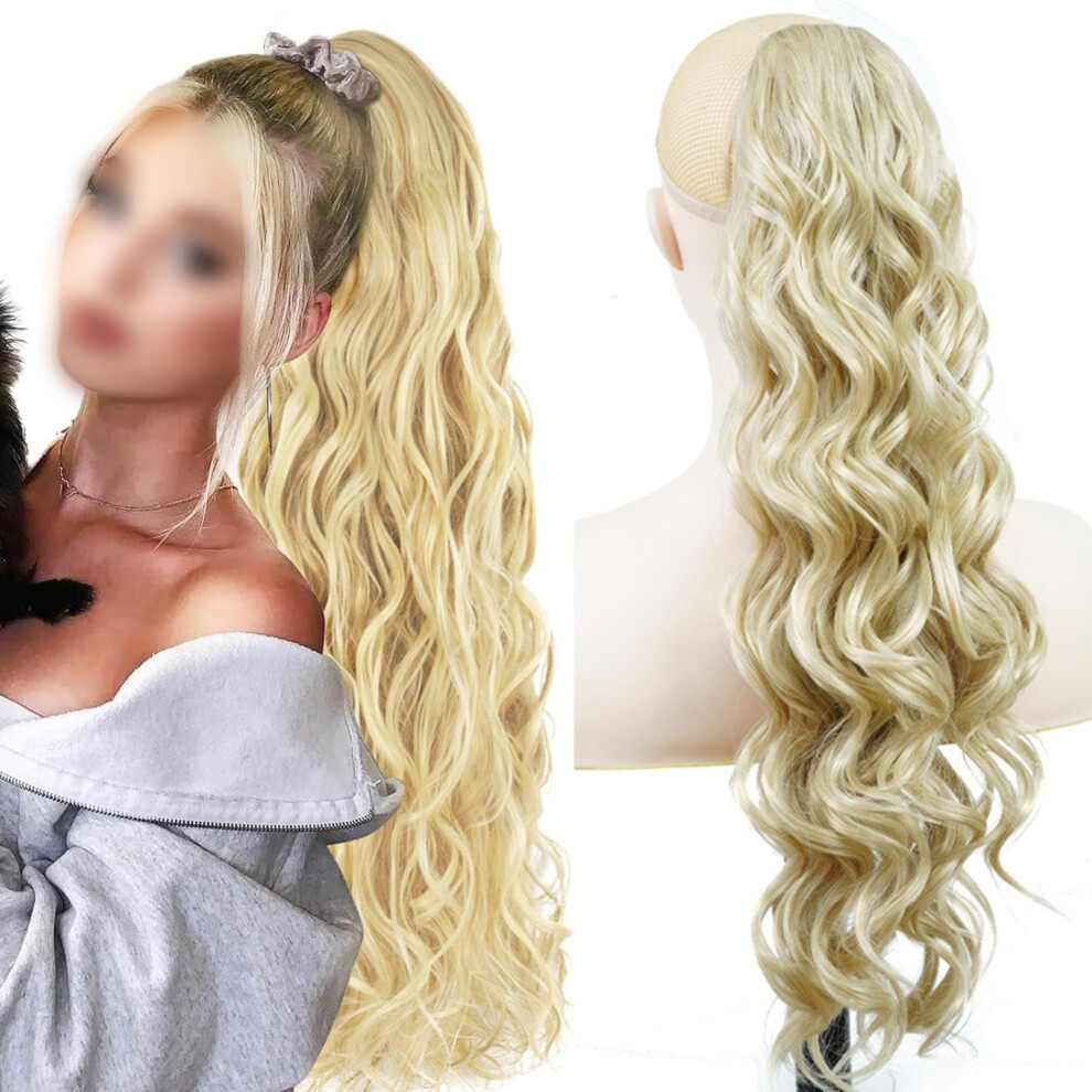 Ponytail Hair Extension Long Wavy 24 Inch Blonde Synthetic Drawstring Ponytail with Natural Curls