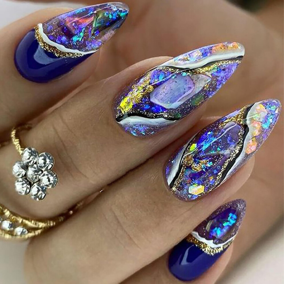 Press On Almond Nails Purple Glitter Gold Line Medium Fake Nails Reusable Salon Style 24PCS