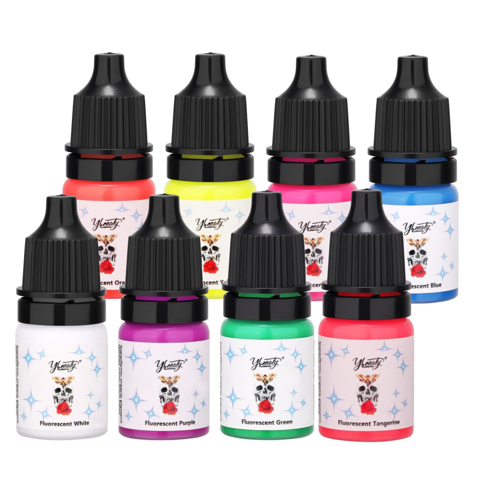 Tattoo Ink Set 8 Color Fluorescent UV Reactive Glow ProfessionalGrade Pigment 5ml Bottles Kit