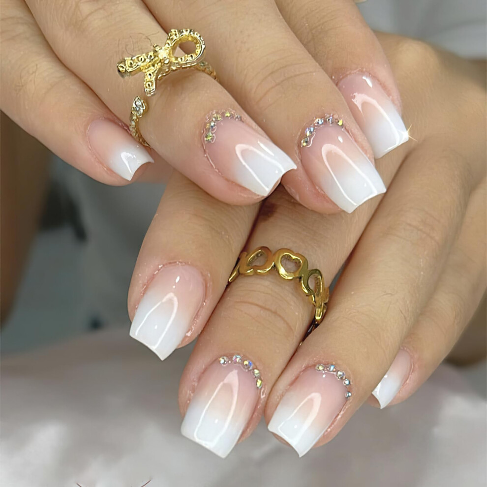 White Gradient Press On Nails Medium Square False Nails With Rhinestones Ombre Glossy Full Cover 24Pcs