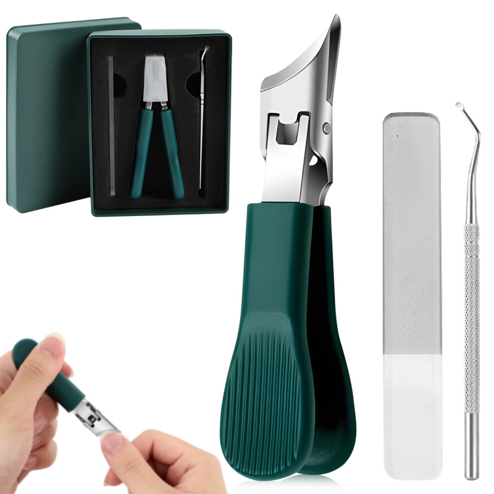 Green Nail Clippers For Thick Toenails With Wide Jaw Opening, Eagle Beak Blade, Antisplash