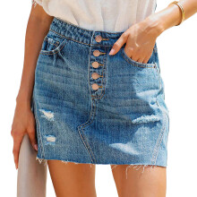 Gonna da donna in denim leggero, elasticizzato e traspirante, modello a trapezio con bottoni sul davanti, vita alta, vestibilità slim, stile