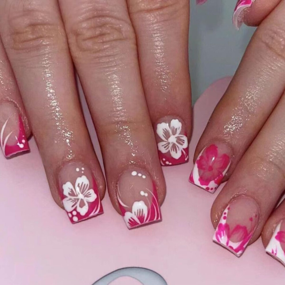Short Square French Tip Press on Nails Kit, Reusable Floral Fake Nails with Glue, 24pcs