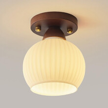 Vintage Semi Flush Mount Ceiling Light Fixture, Wood and Glass Shade E27 for Hallway Corridor